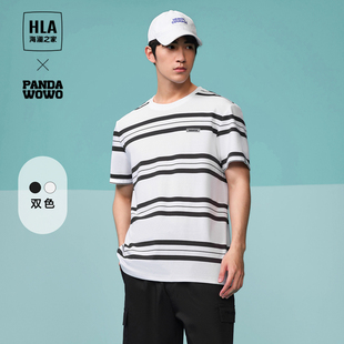 HLA/海澜之家PANDA WOWO系列短袖T恤24春夏新条纹圆领小标上衣男