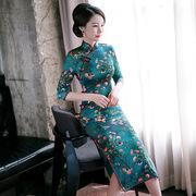 2024女装中国风真丝旗袍，女改良中式长款中袖复古春连衣裙