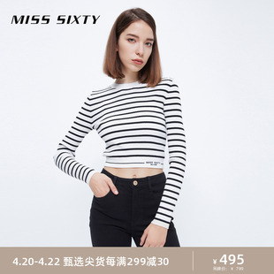 Miss Sixty针织衫女气质上衣条纹刺绣修身显瘦圆领套头短款