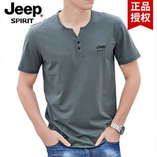jeep短袖t恤纯棉男士，2024夏季薄款v领体恤宽松大码休闲上衣