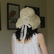 洛丽塔蕾丝甜美风草帽后开叉，草编渔夫帽夏季户外遮阳防晒帽可折叠