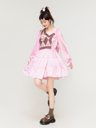 zfiod甜妹粉色长袖连衣裙，秋季多巴胺穿搭针织拼接系带，显瘦a字裙子