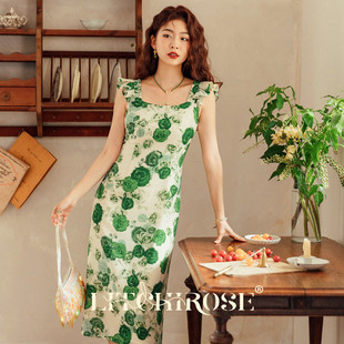 Litchirose荔枝肉 法式复古绿色花朵连衣裙女夏气质女神范氛围感