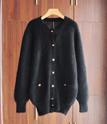 韩国vintage黑色马海毛中长开衫毛衣带内衬口袋大外套加厚羊毛衫