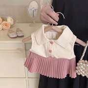 韩国童装女童洋气翻领polo无袖背心T恤+粉色百褶裙时髦两件套