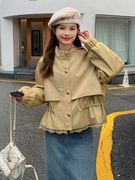蕾丝拼接工装短外套女春秋，2024高级感美式设计感韩系夹克风衣