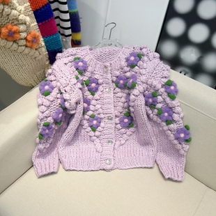 秋冬温柔紫粉色花朵绣花毛衣开衫女甜美加厚粗针立体球球针织外套