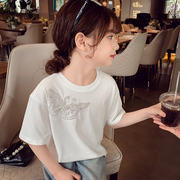 女童短袖T恤夏装2024洋气儿童网红上衣小女孩韩版白色打底衫