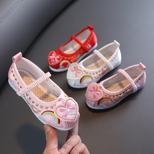 女童绣花鞋女孩帆布鞋汉服鞋子中国风表演出鞋透气网鞋宝宝小白鞋