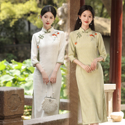 民国风改良绿色蕾丝旗袍秋女年轻款复古端气质日常优雅连衣裙