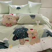 卡通可爱圣诞小熊刺绣全棉水洗棉四件套纯棉被套床单儿童床上用品
