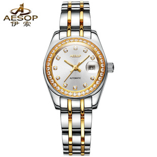 瑞士钢带自动机械表情侣日历，商务手表防水18k金色镶钻夜光手表