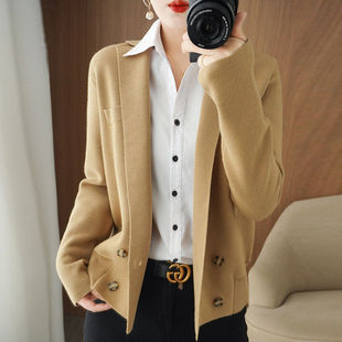 羊毛短款外套女秋冬西装，领外搭上衣，宽松纯色长袖羊绒针织开衫