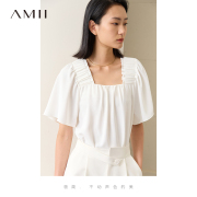 Amii2024夏季设计感方领雪纺衫连肩袖法式上衣女宽松白色衬衫