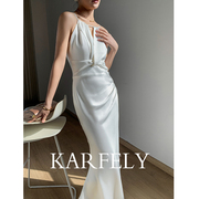 karfely醋酸缎面连衣裙白色挂脖吊带裙鱼尾长裙高级感醋酸裙长裙