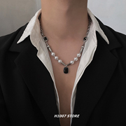 珍珠黑宝石钛钢项链，女小众设计感高级锁骨，链男毛衣链2024年潮