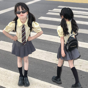 韩国女童套装学院风，甜美夏装短袖衬衫上衣，网红潮大童百褶半身短裙
