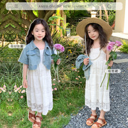 女童夏季裙套装韩版牛仔，短袖外套蕾丝，吊带裙小女孩连衣裙短款外套