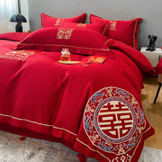 全棉新婚庆(新婚庆)简约刺绣四件套纯棉，大红色六八件套新婚房结婚床上用品