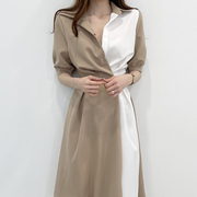 韩国chic夏季法式小众翻领，设计感撞色拼接一粒扣收腰短袖连衣裙女