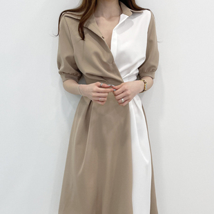 韩国chic夏季法式小众翻领设计感撞色拼接一粒扣收腰短袖连衣裙女