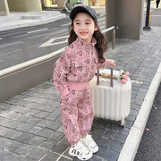 女童春装洋气套装韩版2024小女孩网红工装两件套宝宝卡通衣服