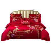 恒源祥结婚床上四件套床单，被套纯棉全棉婚庆，喜庆大红中式传统刺绣