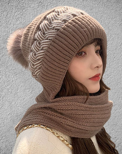 帽子女2023秋冬季针织帽，女士围巾一体保暖百搭防风，防寒毛线帽
