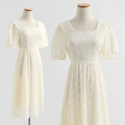 超仙雪纺绣花连衣裙女夏季法式白色泡泡袖，珍珠方领甜美仙女裙