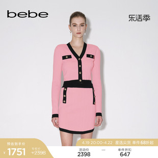 bebe秋冬系列女士V领金属扣短装羊毛针织开衫上衣330601