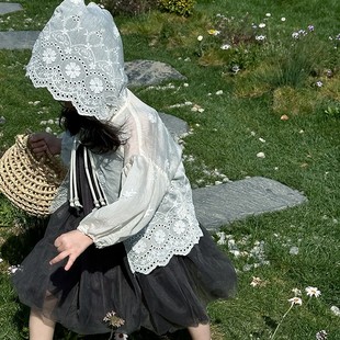 韩版儿童薄款防晒衣2024夏款女童花朵刺绣盘扣重工蕾丝连帽外套