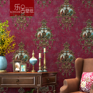 3D立体浮雕无纺布复古美式红色大花壁纸客厅卧室背景欧式奢华墙纸