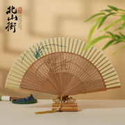 6寸女扇子雕刻折扇，真丝女式扇中国风，手绘扇镂空竹扇杭州扇
