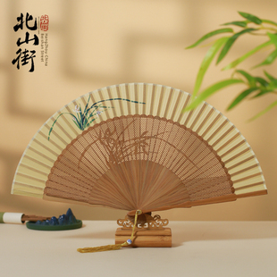 6寸女扇子雕刻折扇真丝女式扇中国风手绘扇镂空竹扇杭州扇