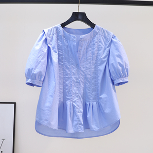 洋气泡泡袖蓝色棉衬衫，女设计感压褶皱宽松衬衣，2023夏季圆领上衣潮