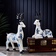 新中青式花手绘陶瓷动物鹿摆件现代家居客厅玄关电视柜装饰工艺品