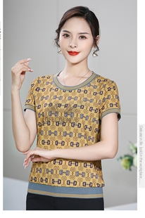 凯斯曼中老年女装台湾网纱夏季短袖黄色圆领休闲上衣T恤