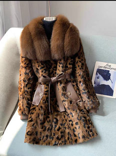 气质冬季水貂绒时尚美拉德豹纹中长款显瘦显高大衣高档仿皮草外套