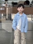 儿童衬衣男童2024春季韩版涂鸦印花衬衫男孩蓝色棉布翻领上衣