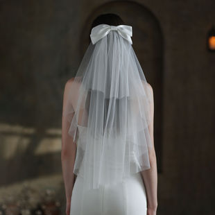 v848森系缎布蝴蝶结新娘，头纱白色双层领证登记拍照道具求婚头饰