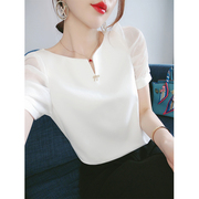 白色短袖T恤女夏季2024年韩版气质修身显瘦法式独特别致上衣