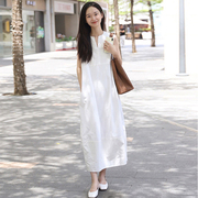白色衬衫女2024年夏季背心，裙复古无袖衬衣，宽松艺术气质长款连衣裙