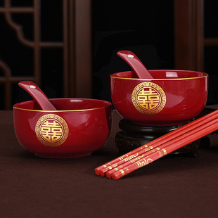 结婚陶瓷碗筷勺套装一对酒，红色女方喜陪嫁专用敬茶杯婚庆用品大全