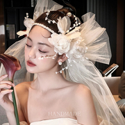 复古新娘珍珠发箍一体花朵头纱超仙高级主纱造型配饰多层蓬蓬纱