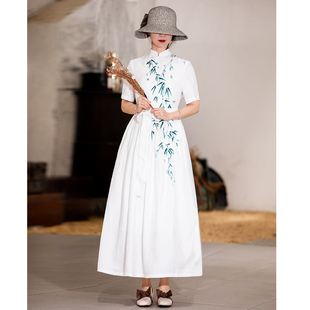 仙衣裾设计师定制款画师手绘国风竹子连衣裙，立领白色改良旗袍长裙