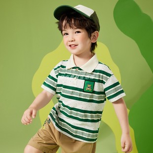 A类彩棉 男童夏季短袖POLO衫 精致小熊绣标中小童绿条纹翻领T恤