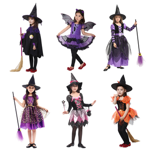 万圣节儿童服装小女童女巫披风斗篷演出服蝙蝠巫师女巫婆表演服