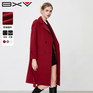 BXV复古红色风衣女中长款2024春季气质英伦风双排扣大衣外套