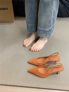 Titing尖头高跟鞋ins橘色显白尖头细跟单鞋韩版通勤气质跟鞋女