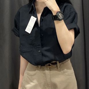 纯棉黑色短袖衬衫女夏季韩版日系，高级感气质简约百搭t恤上衣